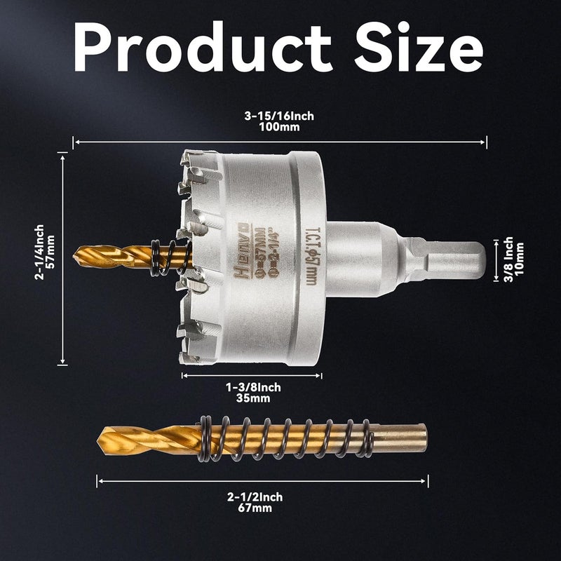 Henvo Hole Saw 2-1/4" (57mm) Heavy Duty Carbide with 2 Pilot Drill Bits - Metal Hole Cutter Cuts Stainless Steel, Iron, Copper, Brass, Plastic - Image 2